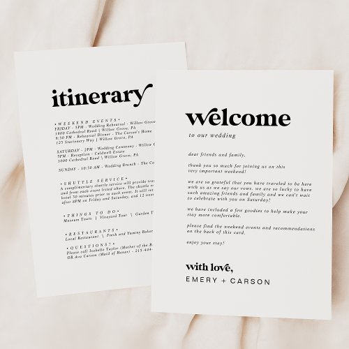 Modern Black Wedding Welcome Letter  Itinerary