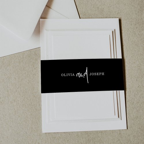 Modern Black Wedding with White Script Invitation Belly Band