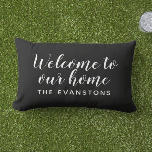 Modern Black Welcome Home Custom Last Name Lumbar Pillow