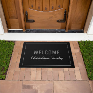 Modern black Welcome monogram family name Doormat