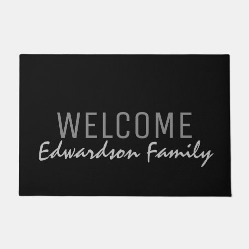 Modern black Welcome monogram family name Doormat
