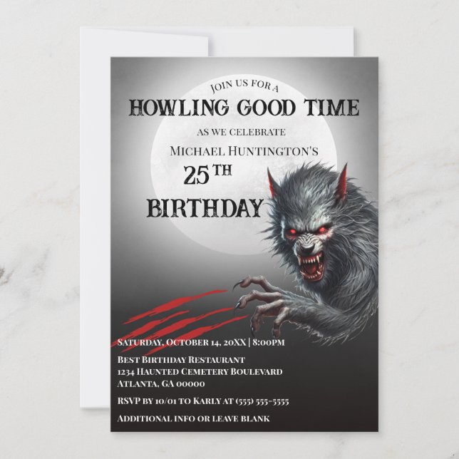 Modern Black Werewolf Any Age Birthday Party Invitation (Front)