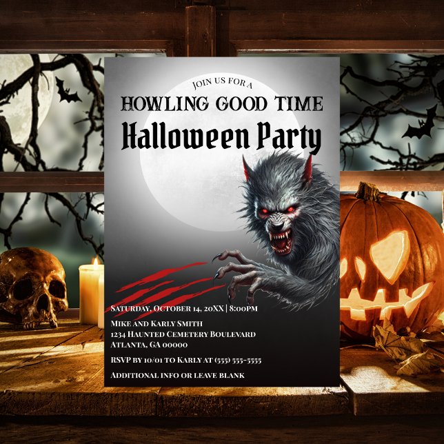 Modern Black Werewolf Full Moon Halloween Party Invitation (Creator Uploaded)