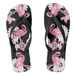 Modern Black Whimsical Tropical Bird Pink Flamingo Flip Flops