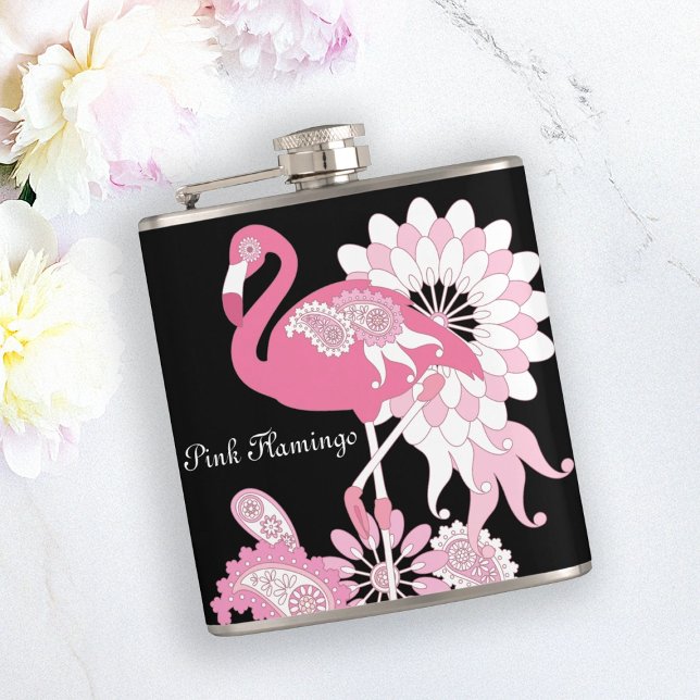 Modern Black Whimsical Tropical Bird Pink Flamingo Hip Flask (Creator Uploaded)