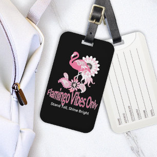 Modern Black Whimsical Tropical Bird Pink Flamingo Luggage Tag