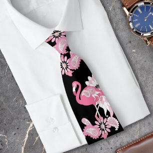 Modern Black Whimsical Tropical Bird Pink Flamingo Neck Tie