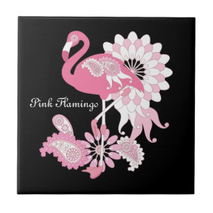 Modern Black Whimsical Tropical Bird Pink Flamingo Tile