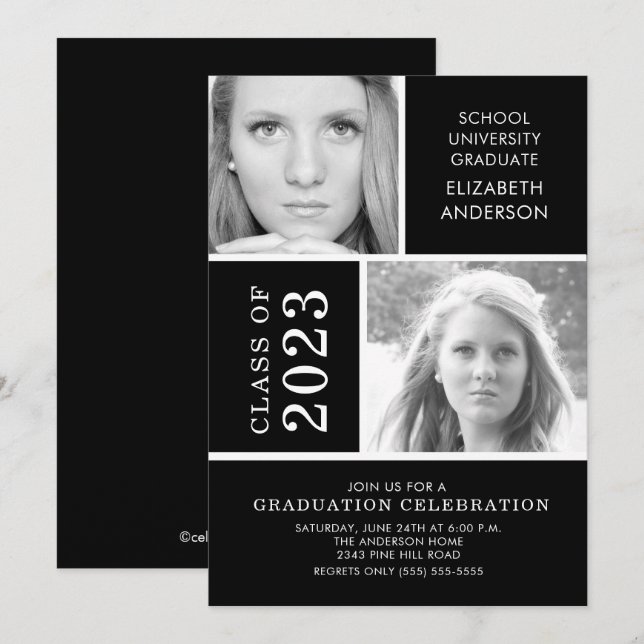 Modern Black & White 2 Photo Graduation Invitation (Front/Back)
