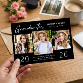 Modern Black White 3 Photo Collage Graduation Announcement