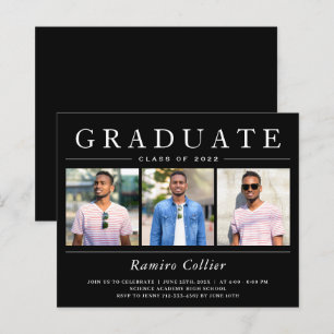 Modern Black White 3 Photo Graduation Invitations