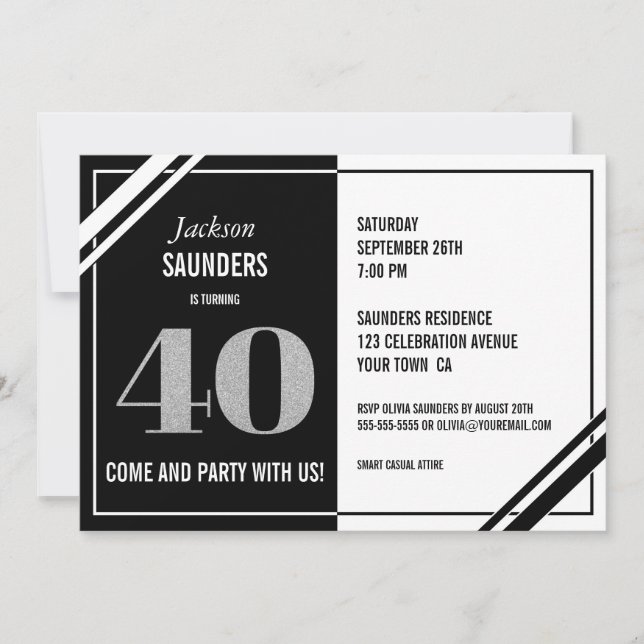 Modern Black White 40th Birthday Party Invitation (Front)