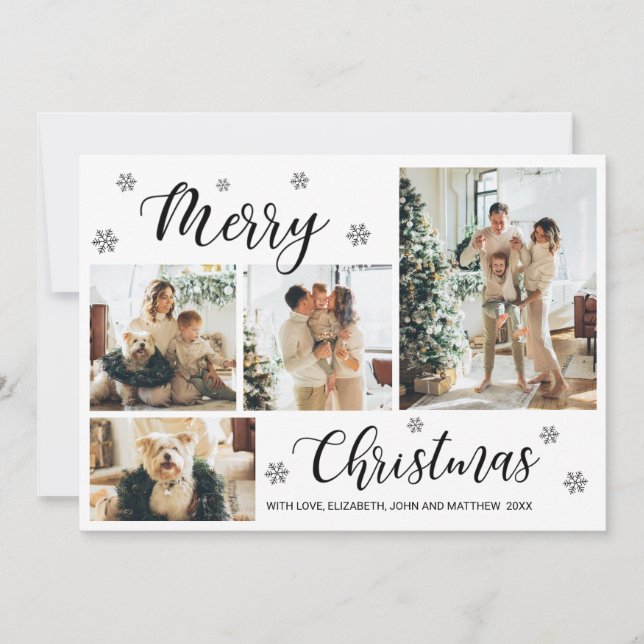 Modern Black White 4 Photo Collage Christmas Card (Front)