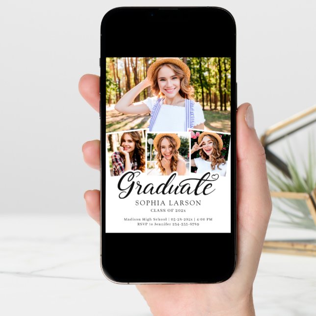 Modern Black White 4 Photo Collage Graduation Announcement (Front Digital)