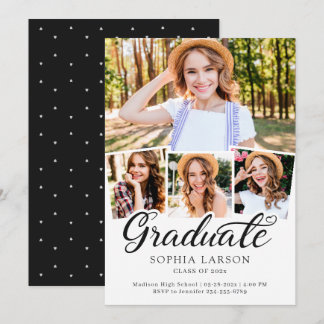 Modern Black White 4 Photo Collage Graduation Announcement