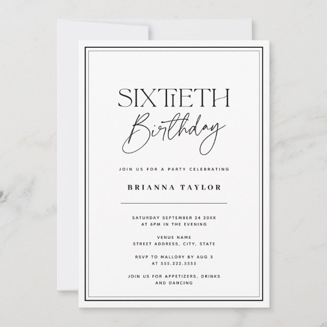 Modern Black & White 60th Birthday Invitation (Front)