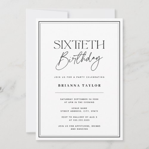 Modern Black  White 60th Birthday Invitation