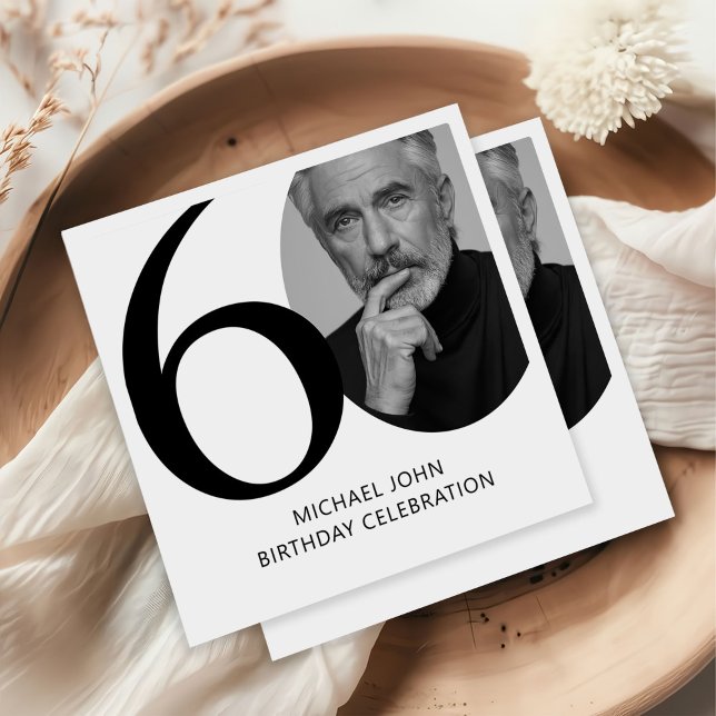 Modern Black & White 60th Photo Birthday Napkins (Creator Uploaded)