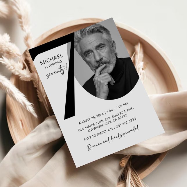 Modern Black & White 70th Photo Birthday Party Invitation (Creator Uploaded)