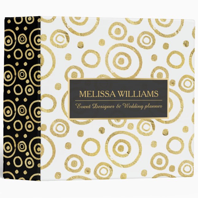 Modern Black, White 7&Gold texture Circles Pattern Binder (Front/Spine)
