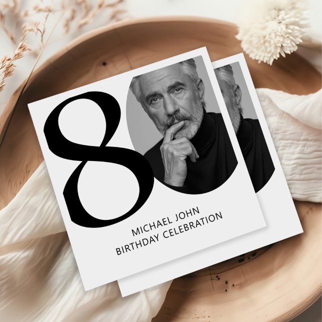 Modern Black & White 80th Photo Birthday Napkins (Creator Uploaded)