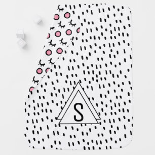Modern Black & White Abstract Dot Pattern Monogram Baby Blanket