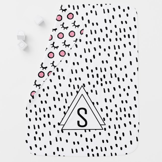 Modern Black & White Abstract Dot Pattern Monogram Baby Blanket (In Situ)