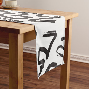 Modern Black White Abstract Graffiti Brushstrokes Short Table Runner