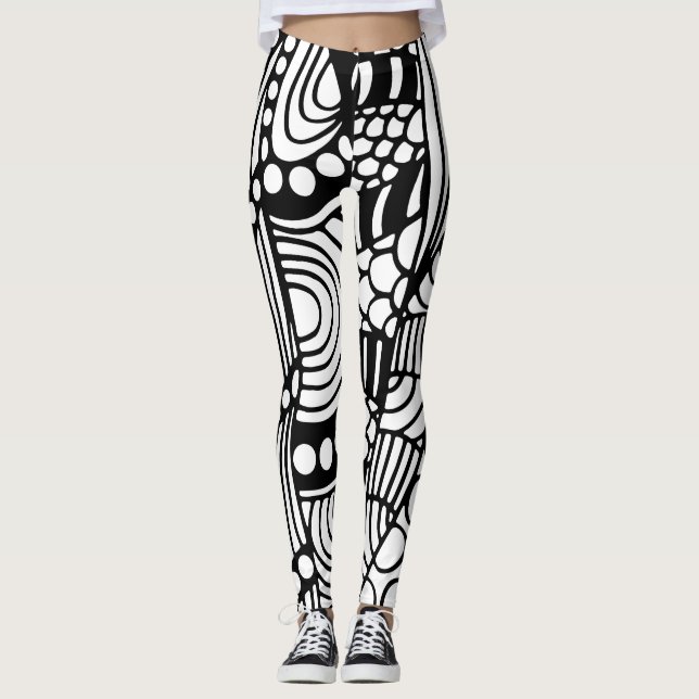 Modern black white abstract leggings (Front)