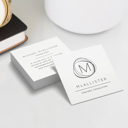Modern Black  White Abstract Monogram Square Business Card