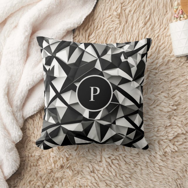 Modern Black & White Abstract Pattern Monogram Throw Pillow (Blanket)