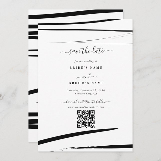 Modern Black White Abstract QR Code Wedding  Save The Date (Front/Back)
