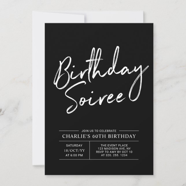 Modern Black & White Adult Birthday Party Soiree Invitation (Front)
