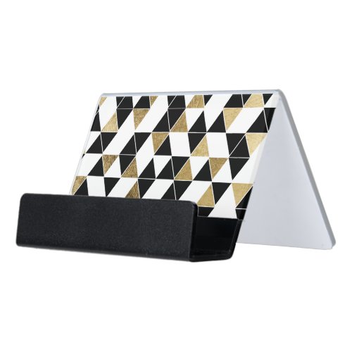 Modern Black White and Faux Gold Triangles Desk Business Card Holder