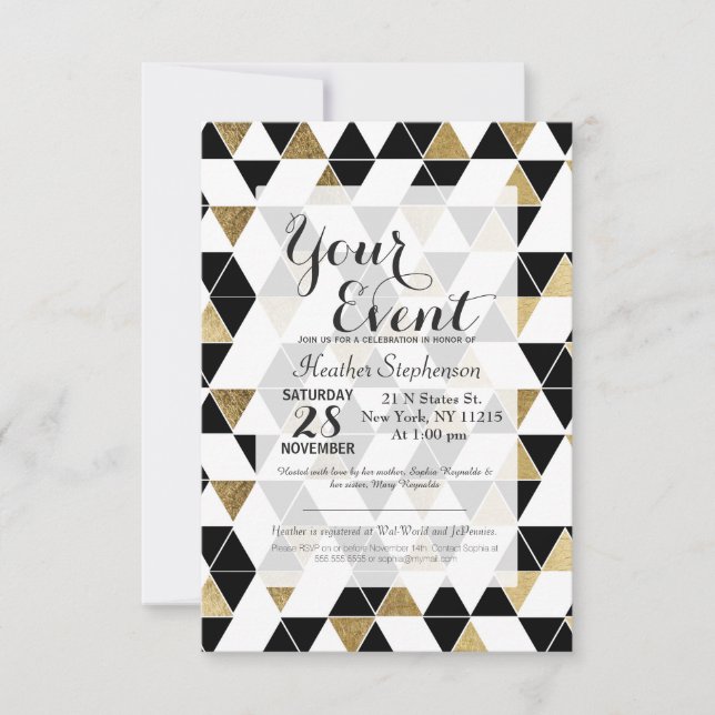 Modern Black, White, and Faux Gold Triangles Invitation (Front)