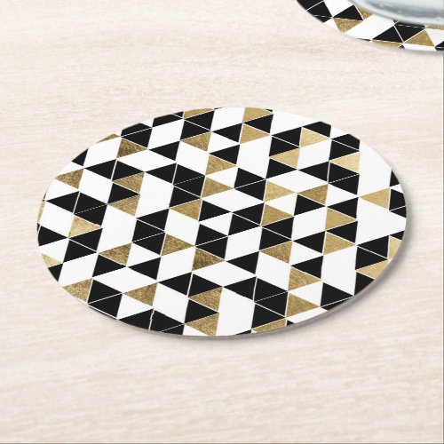 Modern Black White and Faux Gold Triangles Round Paper Coaster