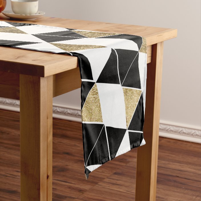 Modern Black White And Faux Gold Triangles Short Table Runner