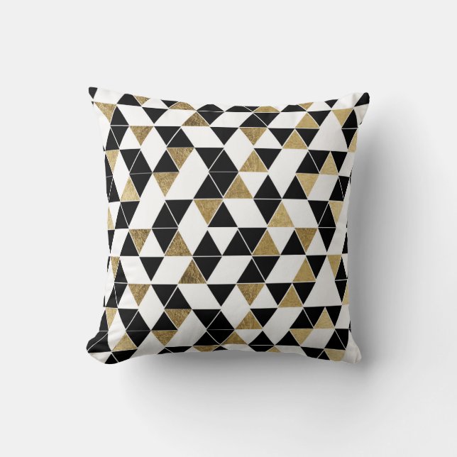 Modern Black, White, and Faux Gold Triangles Throw Pillow (Front)