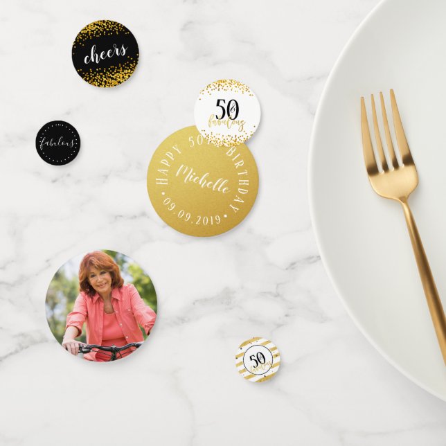 Modern Black White and Gold 50 and Fabulous Confetti (Group)