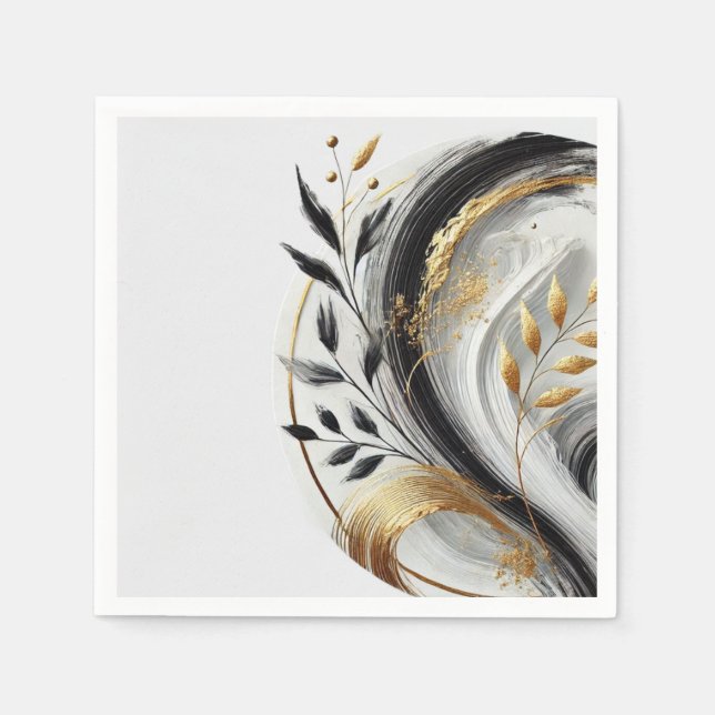 Modern Black White and Gold Botanical Napkins (Front)