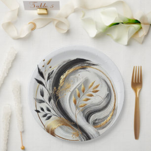 Modern Black White and Gold Botanical Paper Plates