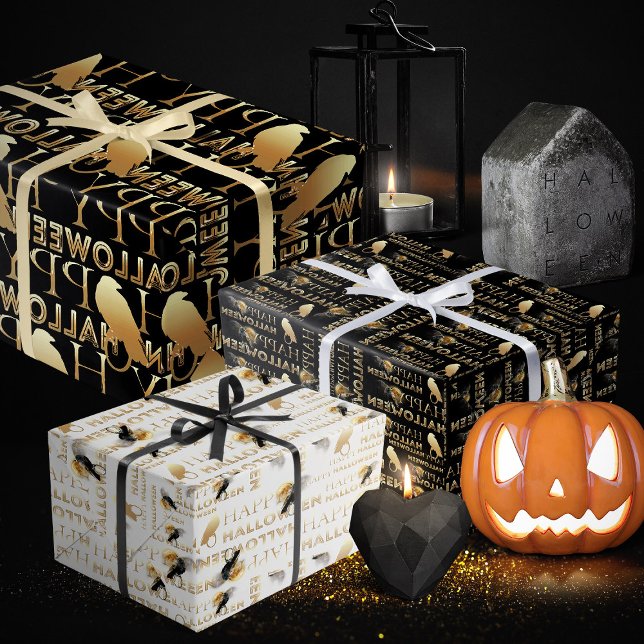 Modern Black White And Gold Chic Adult Halloween Wrapping Paper Sheets (Halloween wrapping paper, spooky wrapping paper black and gold)