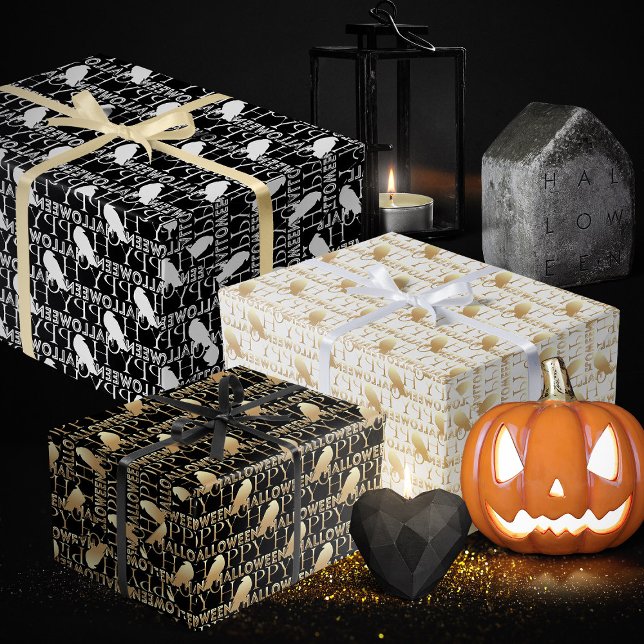 Modern Black White And Gold Chic Adult Halloween Wrapping Paper Sheets (Halloween wrapping paper, spooky Halloween wrapping paper in black and gold and black and white)