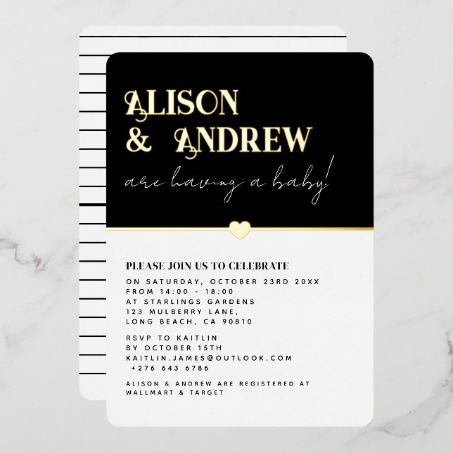 Modern Black White and Gold Couple's Baby Shower Foil Invitation (Front/Back)