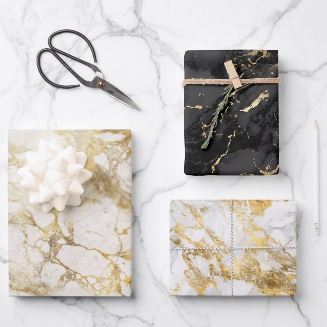 Modern Black, White and Gold Marble Pattern Wrapping Paper Sheets (Front)