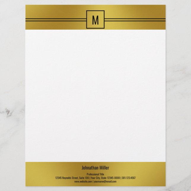 Modern Black White and Gold Monogram Template Letterhead (Front)