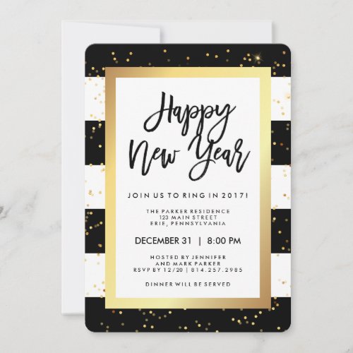 Modern Black White and Gold New Years Eve Party Invitation