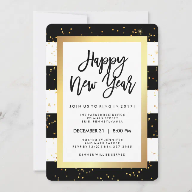 Modern Black White and Gold New Year's Eve Party Invitation | Zazzle