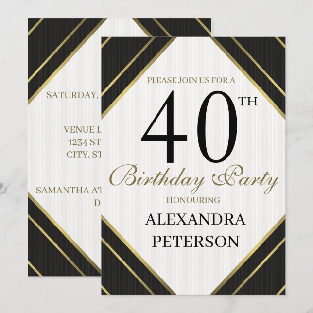 Modern Black White And Gold Stripes Birthday Invitation (Front/Back)