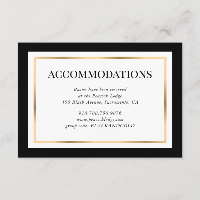 Modern Black White and Gold Wedding Accommodation Enclosure Card (Front)